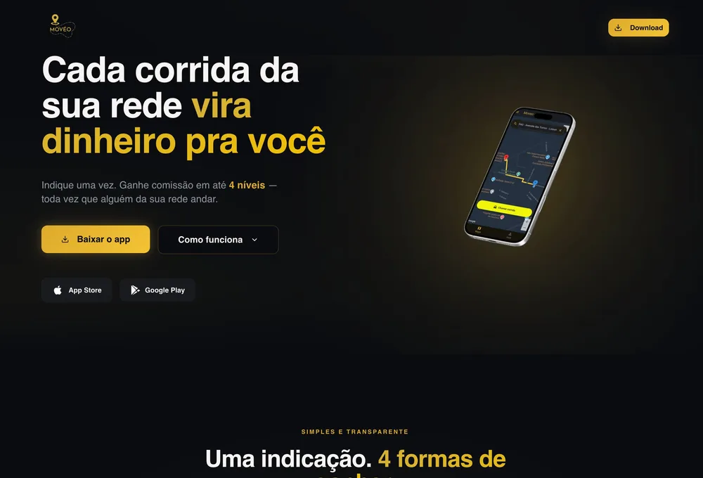 Site da Movéo desenvolvido pela Commita, com identidade escura e detalhes amarelos