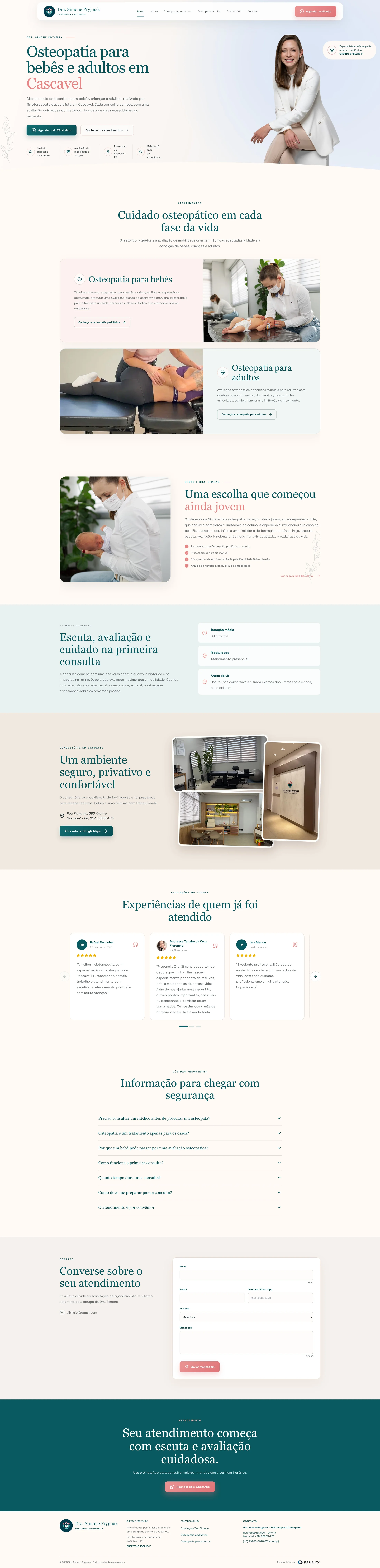 Site real da Dra. Simone Pryjmak desenvolvido pela Commita, com atendimentos de osteopatia, informações da clínica e caminhos de contato